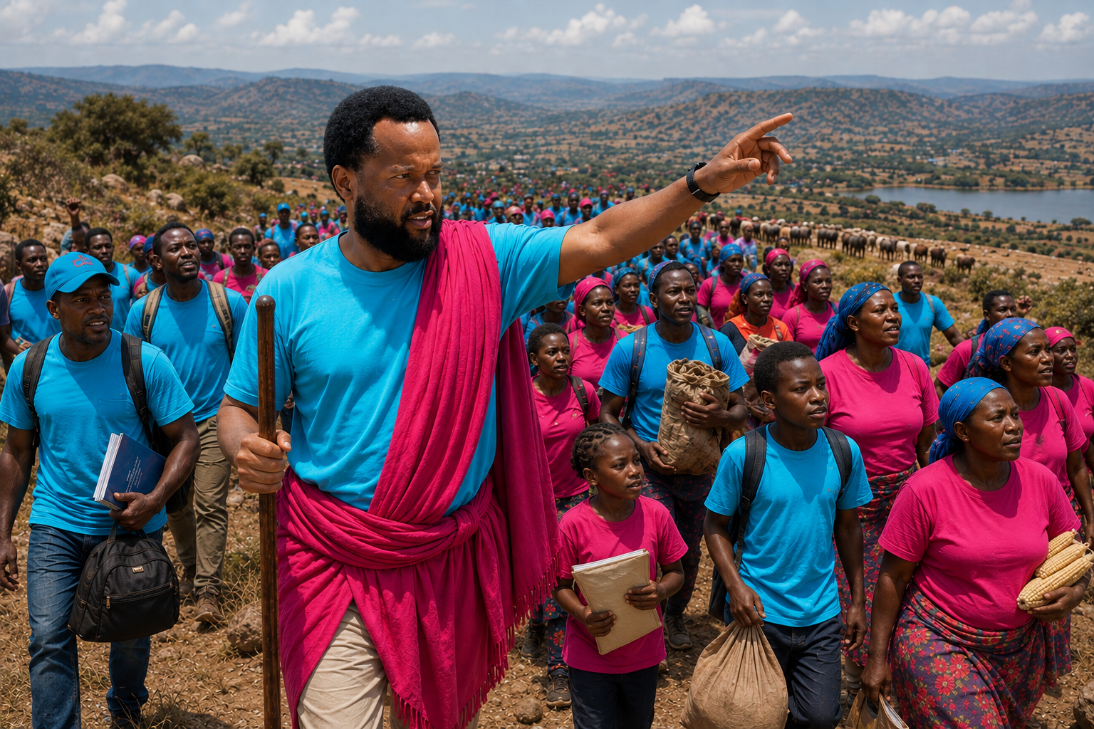 Leader guiding people across challenging terrain